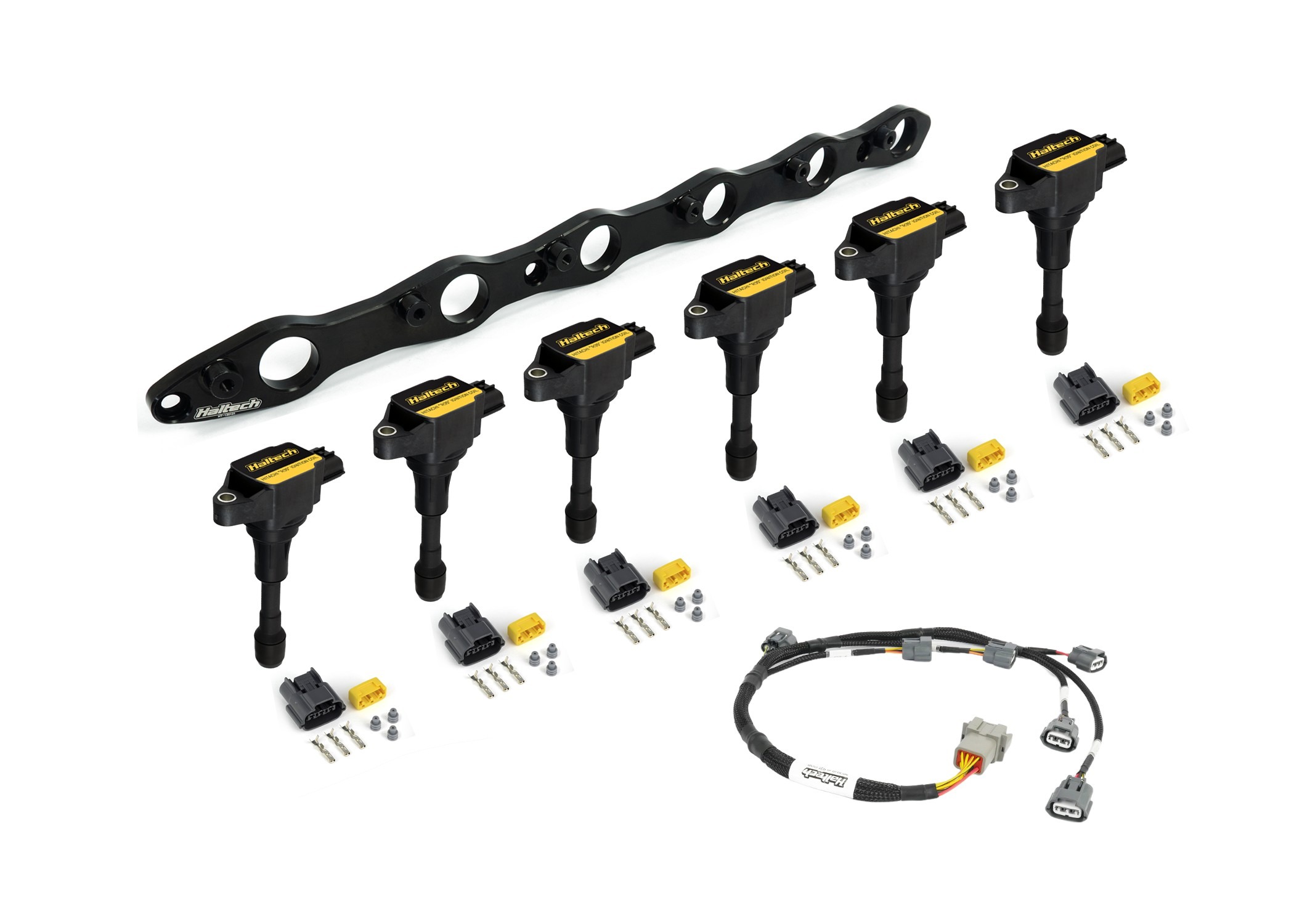 Haltech R35 Coil Bracket for Nissan RB20/25/26 includes bracket coils, connectors and harness